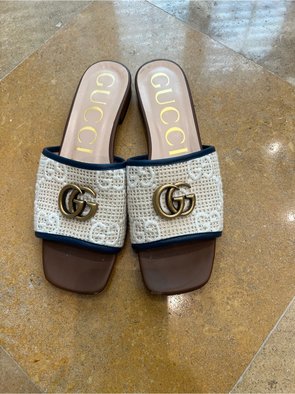 GUCCI Cream Crochet GG Slide Mules with Brown Footbed and Navy Trim